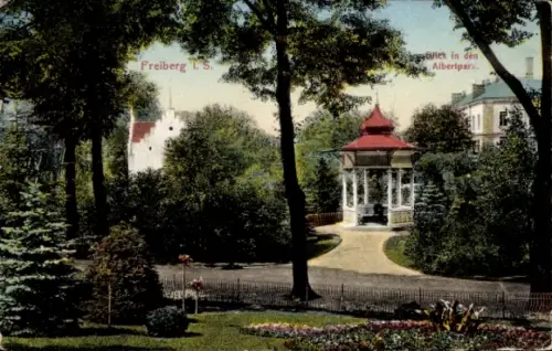 Ak Freiberg in Sachsen, Freiberg S., Albertpark, Pavillon, Bäume, Blumenbeet