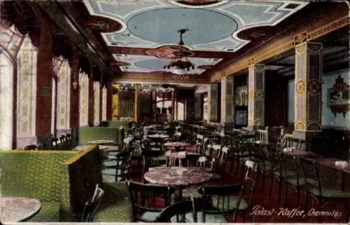 Ak Chemnitz in Sachsen, Innenansicht eines Cafés, Tische und Stühle, dekorative Decke