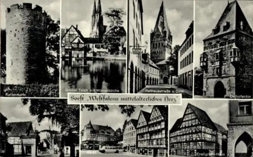 Ak Soest in Westfalen, Kattenturm, Großer Teich mit Wiesenkirche, Rathausstraße, Osthofentor, mit