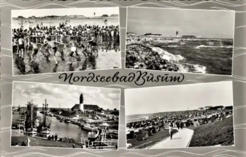 Ak Nordseebad Büsum, Nordseebad  Strandaktivitäten, Hafen, Leuchtturm, Menschenmengen