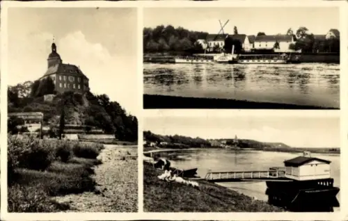 Ak Hirschstein an der Elbe Sachsen, Schloss  Schiffe auf dem Wasser, Landschaft, Fluss