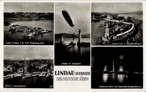 Ak Lindau am Bodensee Schwaben, Insel  Blick vom Leuchtturm, Hafen mit Zeppelin, Hafenmole, Seeha