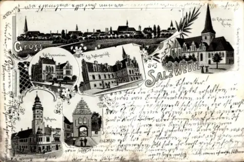 Litho Salzwedel in der Altmark, Amtsgerich, Katharinenkirche, Gymnasium, Rathaus, Steintor