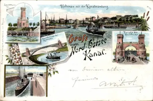 Litho Holtenau Kiel in Schleswig Holstein, Nord Ostsee Kanal, Hochbrücke, Leuchtturm, Schleuse