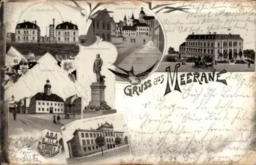 Litho Meerane, Rathaus, Schlachthof, Bismarck Denkmal, Webschule