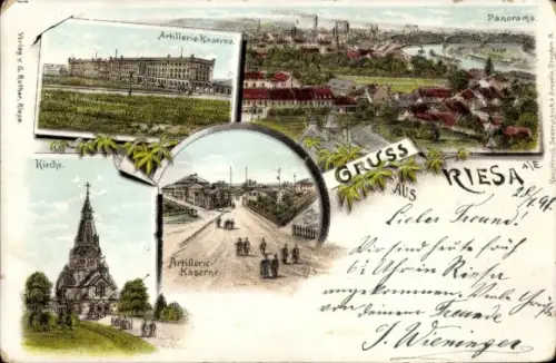 Litho Riesa an der Elbe Sachsen, Kirche, Artillerie-Kaserne