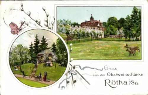 Ak Rötha in Sachsen, Obstweinschänke, Pavillon, Rehe, Weidenkätzchen