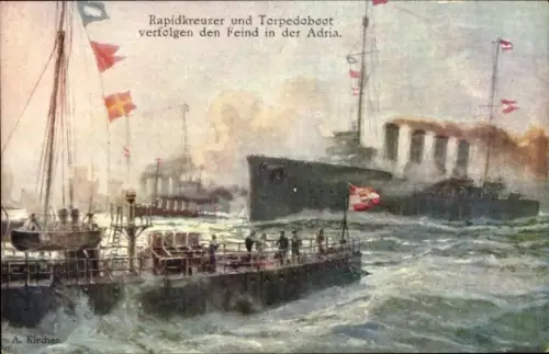 Künstler Ak Kircher, A., Österreichisches Kriegsschiff, Rapidkreuzer und Torpedoboot in der Adria