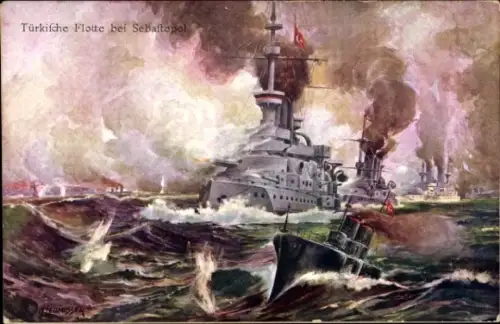 Künstler Ak Türkische Flotte bei Sebastopol, Seeschlacht, Kriegsschiffe