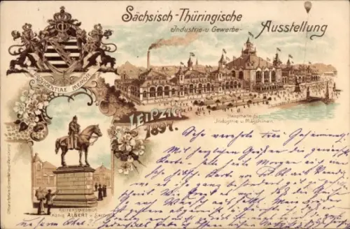 Wappen Ganzsachen Litho Leipzig, Sächs. Thüring. Industrie und Gewerbeausstellung 1897, Haupthalle