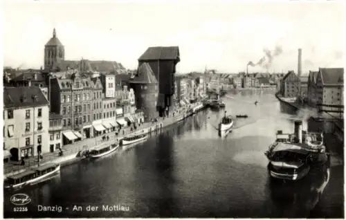Ak Gdańsk Danzig,  Mottlau,  Gebäude, Schiffe, Wasserstraße