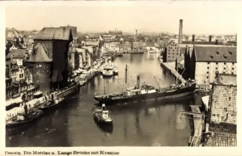 Ak Gdańsk Danzig, Mottlau und Lange Brücke mit Krantor