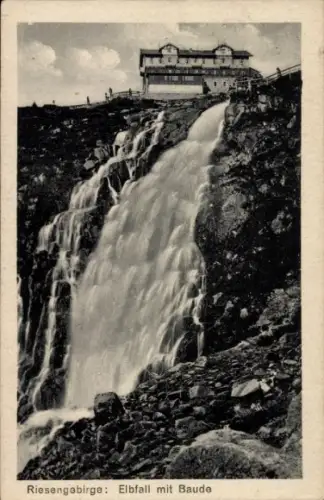 Ak Labský důl Elbgrund Riesengebirge Region Karlsbad,  Elbfall, Baude, Wasserfall