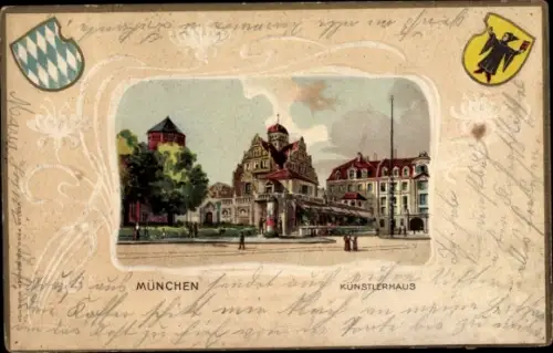Judaika Präge Wappen Passepartout Litho München, Künstlerhaus, Synagoge