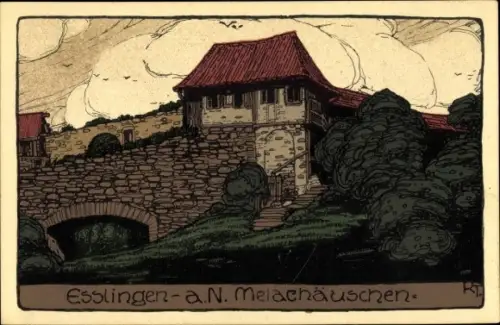 Steindruck Ak Esslingen am Neckar, Melac Häuschen