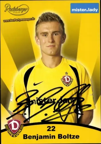 Autogrammkarte Fußballer Benjamin Boltze, SG Dynamo Dresden, Autogramm