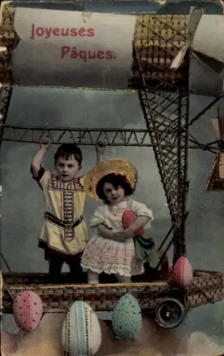 Ak Glückwunsch Ostern, Kinder, Ostereier, Luftschiff