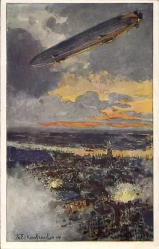 Künstler Ak von Eckenbrecher, Themistokles, Zeppelin über Antwerpen