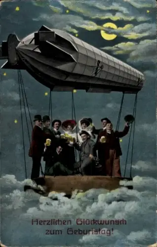 Ak Glückwunsch Geburtstag, Festgesellschaft im Zeppelin