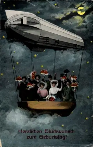 Mondschein Ak Glückwunsch Geburtstag, Gratulanten, Blumen, Luftschiff