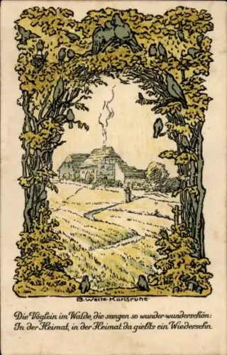 Künstler Litho Welte, B., Die Vöglein im Walde, Landschaftsidylle, Badische Kriegskarten Nr 9