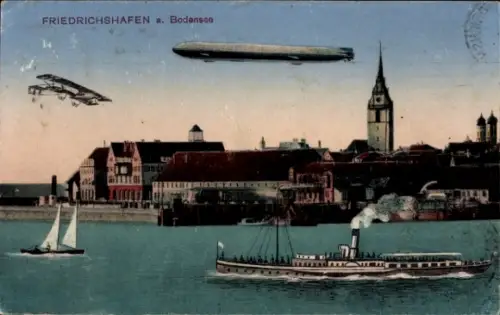Ak Friedrichshafen am Bodensee, Dampfer, Zeppelin, Flugzeug