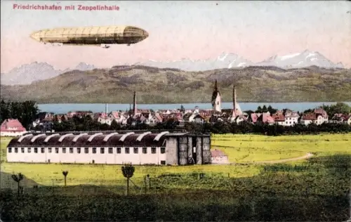 Ak Friedrichshafen am Bodensee, Gesamtansicht, Zeppelinhalle, Zeppelin