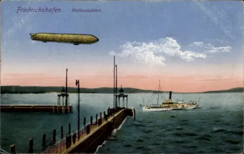 Ak Friedrichshafen am Bodensee, Hafeneinfahrt, Zeppelin, Dampfer