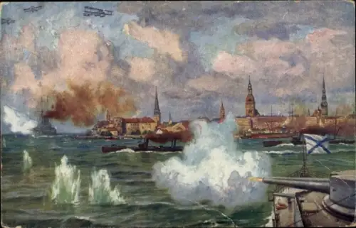 Ak Deutsche Kriegsschiffe, Angriff auf russische Kriegsschiffe im Hafen von Riga, Kaiserliche Marine