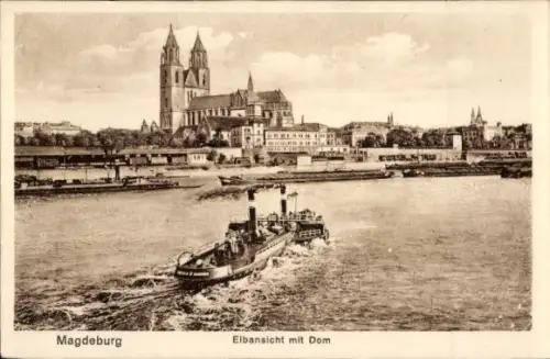 Ak Magdeburg an der Elbe, Elbansicht mit Dom, Dampfschiff auf der Elbe, historische Architektur