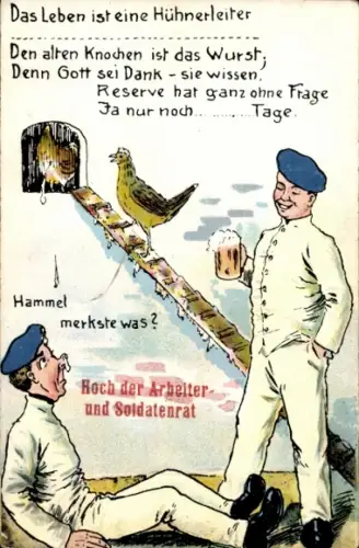 Ak Soldatenleben, Soldat mit Bierglas, Leben ist eine Hühnerleiter