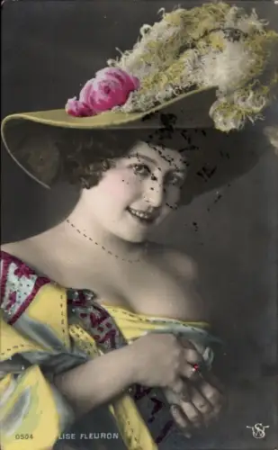 Ak Sängerin Lise Fleuron, Portrait, Federhut, coloriert