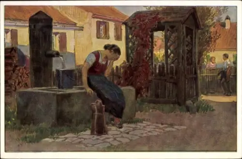 Lied Künstler Ak Hey, Paul, Volksliedkarte Nr. 34, Jetzt geh i ans Brünnele