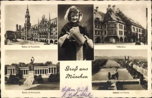 Ak München, Hofbräuhaus, Ruhmeshalle, Rathaus, Frauenkirche, Münchner Kindl