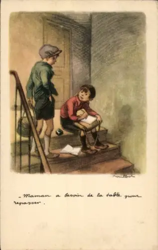 Künstler Ak Poulbot, Francisque, Zwei Jungen, Schulranzen, Treppen