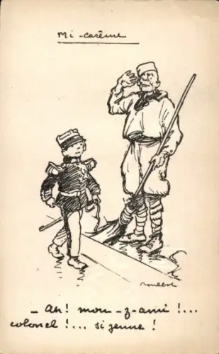 Künstler Ak Poulbot, F., Junge als Soldat, Salutierender Straßenfeger