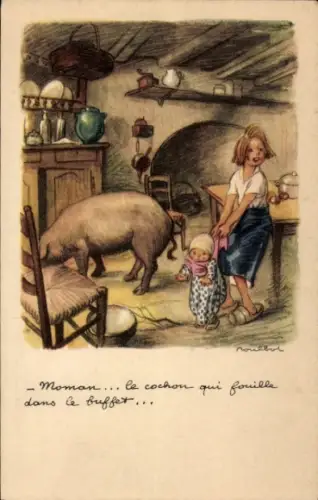Künstler Ak Poulbot, Francisque, Kinder und Schwein in einer Küche