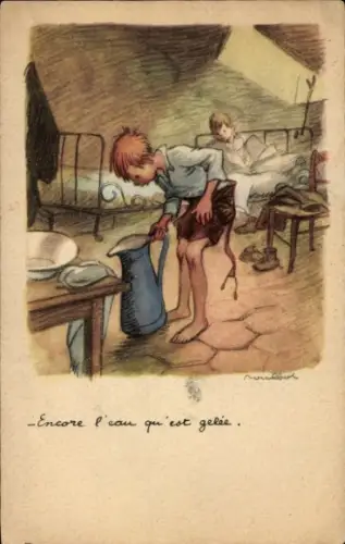 Künstler Ak Poulbot, Francisque, Jungen, gefrorenes Wasser im Krug, Ligue Nationale contre le Taudis