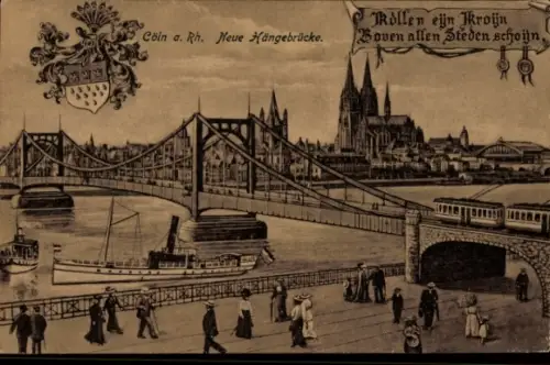 Ak Köln am Rhein, Rheinbrücke, Schiffe, Menschen, Kölner Dom im Hintergrund