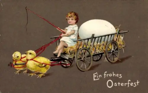 Präge Ak Glückwunsch Ostern, Junge, Fuhrwerk, Osterei, Küken