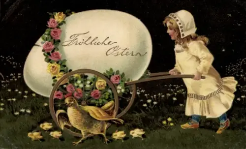 Präge Ak Glückwunsch Ostern, Küken, Mädchen, Schubkarre, Osterei
