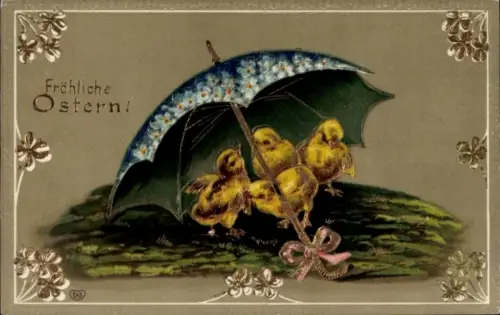 Präge Ak Glückwunsch Ostern, Küken unter einem Schirm