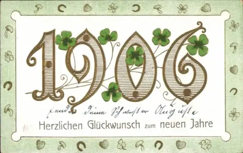 Ak Glückwunsch Neujahr 1906, Glücksklee, Pilze, Hufeisen
