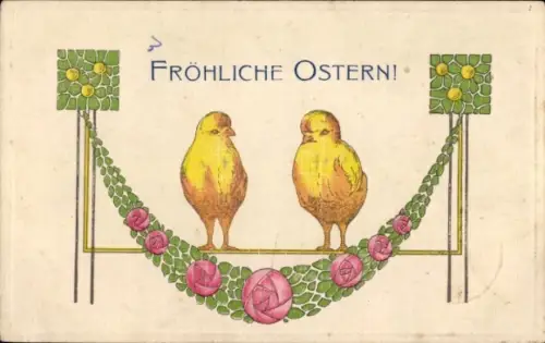 Präge Ak Glückwunsch Ostern, Küken, Blumen