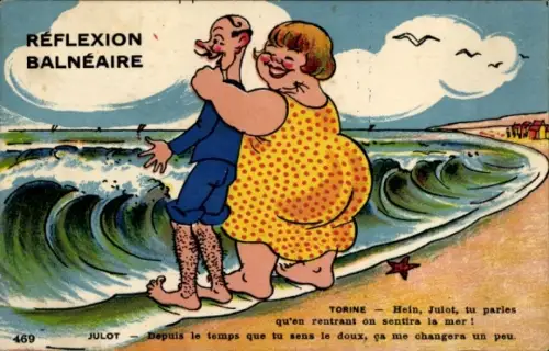 Ak Ehepaar am Meer, Humor, Wellen, Strand