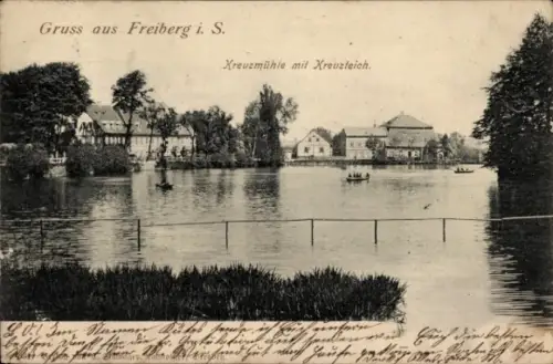Ak Freiberg in Sachsen, Gruss aus  Kreuzmühle, Kreuzteich, Wasser, Boote
