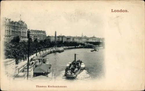 Ak London, Thames Embankment, Dampfschiff