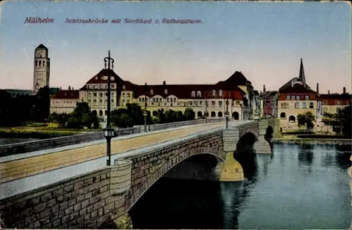 Ak Mülheim an der Ruhr, Mülheim Schlossbrücke, Stadtbad, Rathausturm, Fluss, Brücke