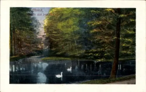 Ak Moers am Niederrhein, Landschaft mit See, Schwäne, Bäume, ruhige Wasseroberfläche