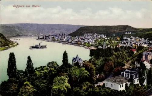Ak Boppard am Rhein, Boppard am Rhein, malerische Berge, Schiffe, Häuser